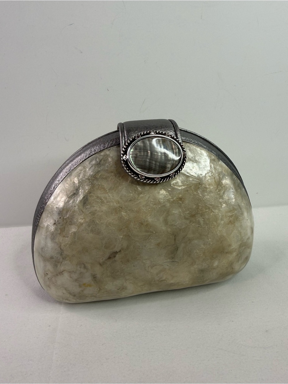 Vintage Elegant Mother of Pearl Shell Dome Clutch Leather and Silver Trim